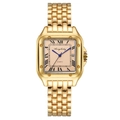 Detail of square gold watch face with blue hands, Roman numerals and calendar window - Large / Gold