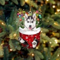 Husky-Welpe in Weihnachtsstrumpf Anhänger mit Rentiergeweih und festlichen Lichtern - Husky