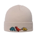Close-up of beige beanie featuring three colorful dinosaur embroidery on ribbed knit fabric - M (56-58cm) / Beige