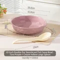 10-inch taro purple ceramic soup bowl with double handles and cream yellow spoon set - 10 Inch Soup Bowl + Large Spoon - Taro Purple