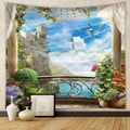 Detail of Mediterranean landscape wall tapestry featuring a coastal castle and ocean view - Terrace Sea View (GT109952)