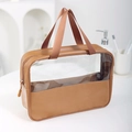 Transparent brown travel toiletry bag with PU leather trim and clear PVC window - Brown Large