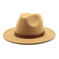 Detail of camel wool fedora hat featuring a vintage embossed brown leather band decoration - M (56-58cm) / Camel