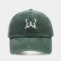 Dark green washed cotton baseball cap with white butterfly embroidery on a curved brim - Adjustable / Green