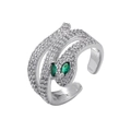 Macro detail of silver snake ring with white crystals and green marquise gemstone eyes - Platinum Green Eye Snake
