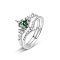 Sterling silver ring set with kite-shaped green moss agate and clear accent stones - US 6 / Kite Shaped Cut Ring Set (RG016485) / Silver