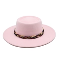 Detailed texture of pink wool felt boater hat with a colorful woven decorative band - M (56-58cm) / Pink