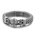 Silver mens punk hip hop bracelet featuring a detailed wolf head and braided wheat chain - Silver (KB147006-KFC)