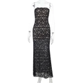 Detailed view of floral lace pattern on black bodycon dress with nude lining finish - S / Black