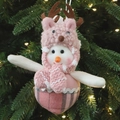 Pink Christmas snowman plush ornament with reindeer hat and striped scarf hanging on tree - Pink Reindeer Snowman