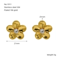 18k gold plated flower stud earrings with zirconia center and stainless steel finish - Simple Five-petal Zircon Style(ZE1911G)
