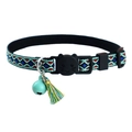 Ethnic pattern cat collar in cyan and red with bell and tassel charm detail - Blue Green Diamond Pattern