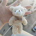 Beige teddy bear keychain in soft pearl velvet with a striped bow tie accessory - Stripe Coffee Bowtie Bear