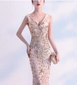 Abendkleid in Champagner mit Pailletten, V-Ausschnitt und 3D-Blumenstickerei - S / Schwarz & Gold