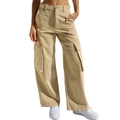 Khakifarbene Damen Cargo-Hose mit weitem Bein und mehreren Taschen aus Baumwoll-Twill - Khaki