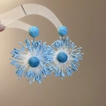 Detailed view of blue floral chiffon earrings with beaded tassels for a bohemian style - 37# Steel Pin-Blue-Fluffy Flower (HE24970)
