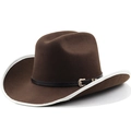 Bruine western cowboyhoed van wolvilt met witte rand en zilveren gesp op de band - M (56-58 cm) Verstelbaar / Koffie (Koffie met witte rand)