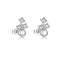 Minimalist S925 sterling silver triple petal flower stud earrings with clear zircon - MME763-1 Silver Four Stones Bead