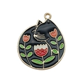 Ciondolo in smalto gatto nero e fiore con bordo dorato per creazione gioielli fai-da-te - Gatto Nero Fiore Foglia Verde (19031) / 1 Pezzo (29x27mm) / Nero