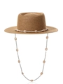 Cappello di paglia marrone piatto con fascia di conchiglie bianche e cordino di perline - Paglia di Carta Cammello Cupola Incavata