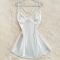 White silk satin slip dress with lace trim V-neck and delicate crisscross straps - S / White
