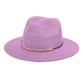 Detail view of light purple straw fedora hat with a black band and gold metal buckle accent - M (56-58cm) / Taro Purple