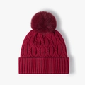 Thick burgundy cable knit beanie with large pom-pom and warm fleece lining for women - Adjustable / Wine Red(24B033)