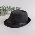 Classic black straw fedora hat featuring a stylish black leather band and metal buckle - Kids Style (52-54cm) / Black