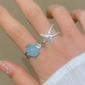 Ensemble de bagues bohèmes en argent avec pierre ovale bleu ciel et motif étoile de mer - Ensemble 2 Pièces Étoile de Mer + Gemme Style B (4516+7417)