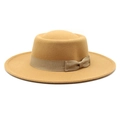 Elegant camel wool boater hat with a matching ribbon and flat top design for women - M (56-58cm) / Camel