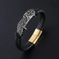 Bracciale da uomo in pelle intrecciata con ali vintage e chiusura magnetica dorata - Oro