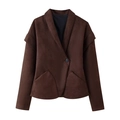 Chaqueta blazer marrón oscuro de ante con cuello en V y puños plisados en capas únicos - S / café