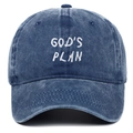 Vintage washed navy blue cotton baseball cap featuring white GOD'S PLAN embroidery on front - Adjustable / Navy Blue