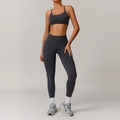Seamless charcoal grey yoga set featuring thin strap bra and high waist leggings - S / Sports Bra + Leggings / Dark Gray
