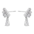 Macro shot of silver stud earrings featuring round clear zircons and a teardrop pendant - Star Cluster Water Drop Tassel Stud Earrings (VE1279) / White Gold