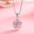Pink cherry blossom pendant necklace with teardrop gemstones and silver square chain - Cherry Blossom Pink Diamond Necklace Xl-99 [with Chain]