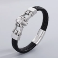 Men's black braided leather bracelet featuring a silver skull and chain metal accent - Steel Skull Head (KB109756-K)