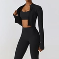 Three-piece black yoga set featuring a zip-up jacket, sports bra, and high-waisted leggings - S / Bra+Jacket+Leggings / Premium Black