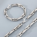 Detalle del conjunto de collar y pulsera de cadena morro de cerdo 10mm en acero - Estilo A Color Acero / Pulsera 22cm