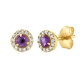 S925 silver stud earrings with round purple zircon surrounded by white crystals in gold finish - Style 11-Round Purple Zircon Halo Studs / Purple/Gold