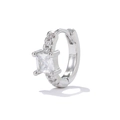 Macro view of silver hoop earring with square zircon and micro-set small diamonds - Silver/Transparent