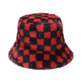 Winter plush checkerboard bucket hat in red and black faux fur for women and teens - 56-58cm / Red & Black Checkerboard