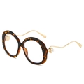 Round tortoise shell sunglasses with gold wavy temples and pearl accents for women - Demi Frame Clear Lens