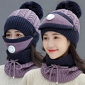 Purple and navy knit set with bobble hat, mask with valve, and neck warmer for women - Purple