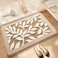 Beige and white leaf pattern bathroom mat made of absorbent microfiber on wood floor - Deep Forest Leaves
