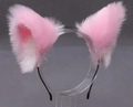Handmade Lolita cosplay headband featuring pink and white plush cat ears on metal frame - Pink and White