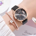 Women's quartz watch and star crystal bangle set with moon dial and black leather strap - Watch + Bracelet / Black