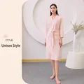 Pink waffle texture bathrobe for men and women with waist tie and deep pockets - XL / Mrs. / Dusty Pink