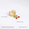Bague ouverte en acier inoxydable doré avec pendentif cerise rouge et anneaux superposés - Pendentif Cerise Rouge Vert-Bande Chaîne Ondulée Multi-Couches