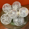 Set of 6 champagne lace and mesh Christmas tree ornaments with glitter dots and sequins - 8CM Mesh Silver (6Pcs Box)